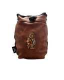 Brown leather pouch with embroidered Wildwood logo on a white background