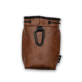 Brown leather pouch with a carabiner on a white background