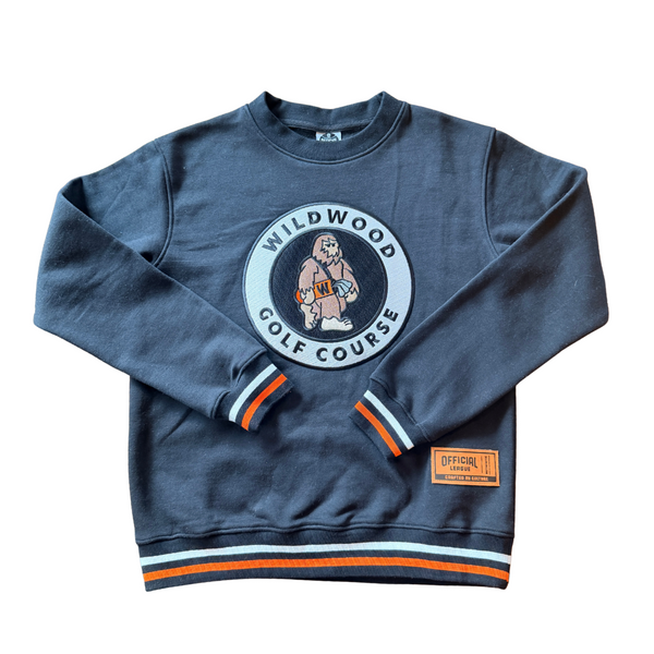 Black crew sweatshirt with 'Wildwood Golf Course' logo on a white background