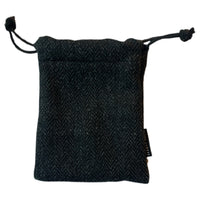 Seamus Golf drawstring valuables pouch made out of Black Harris Tweed. Approx. 6" wide by 8" tall.  Color: black tweed w/logo