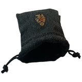Seamus Golf drawstring valuables pouch crafted with  Black Harris Tweed. Approx. 6" wide by 8" tall.  Color: black tweed w/logo